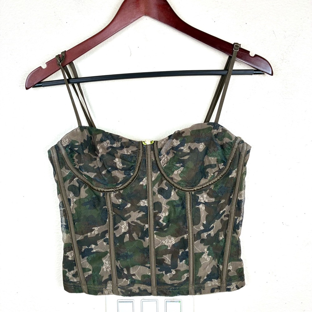 Y2K 90s Corset Bustier Sz M Camo Mesh Going Out Fairy Grunge Alt Punk Babydoll